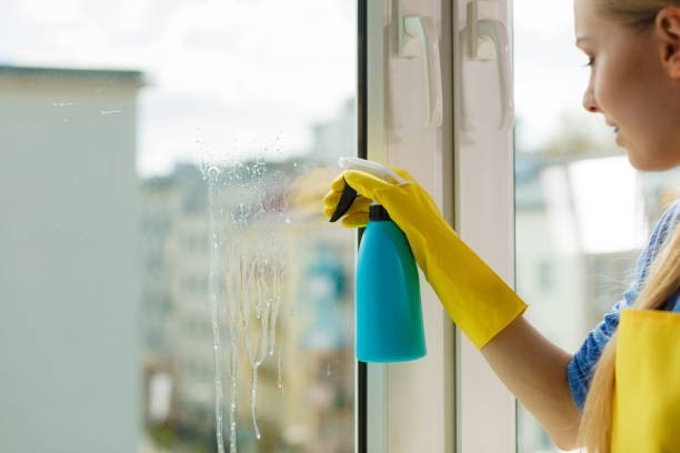 istock Girl cleaning window at home using detergent rag 1181081564