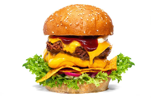 istock Juicy beef burger with potato chips, cheese. Close-up. 1181083442