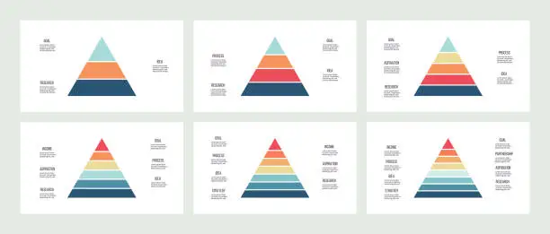 Vector illustration of Business infographics. Pyramids with 3, 4, 5, 6, 7, 8 steps, levels, sections. Vector template.