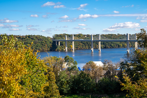 Overlook cityscape in Stillwater Minnesota in the fall looking over the St. Croix Crossing, an extradosed bridge spanning the St. Croix River