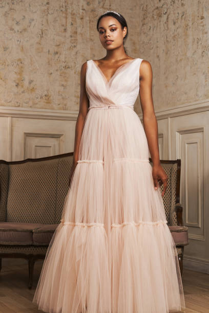 ウェディングドレスでポーズ暗い肌の花嫁 - イブニングドレス ストックフォトと画像