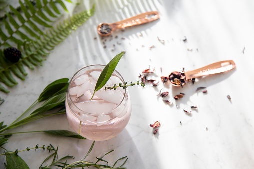 Pink artisan cocktail on marble background with botanical herbs and greenery