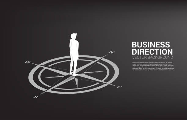 sylwetka biznesmena stojącego na środku kompasu na podłodze. - aiming challenge business throwing stock illustrations