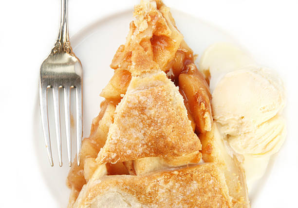 A slice of apple pie on a plate with a fork