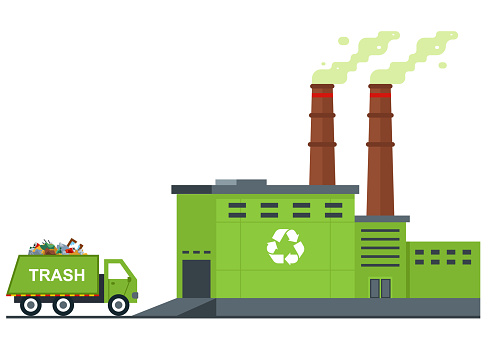 garbage processing plant. garbage truck rides with waste. flat vector illustration.