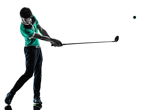 istock Man Golf golfer golfing isolated shadow silhouette white background 1181107018