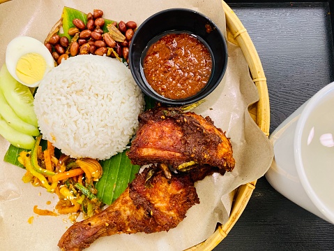 Nasi Lemak with Fry Chicken and Iced Barley Water