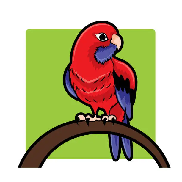 Vector illustration of Cartoon beautiful Crimson rosella parrot standing on curve branch - vector character