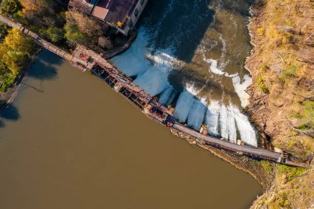 Photo of Aerial view; drone moving over old water reservoir