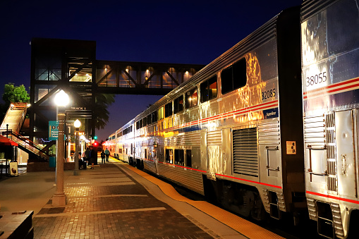 Fullerton, CA, USA - Oct.13.2019: Amtrak Southwest Chief Train at Fullerton Station. 

Amtrak Southwest Chief is a long-distance train serves between Chicago and Los Angeles daily.