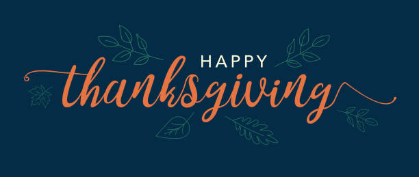 mutlu şükran metin vektör banner yaprakları ve mavi arka plan ile - thanksgiving stock illustrations