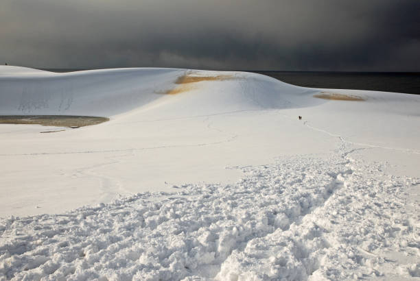 A boy toboggans down a hill.