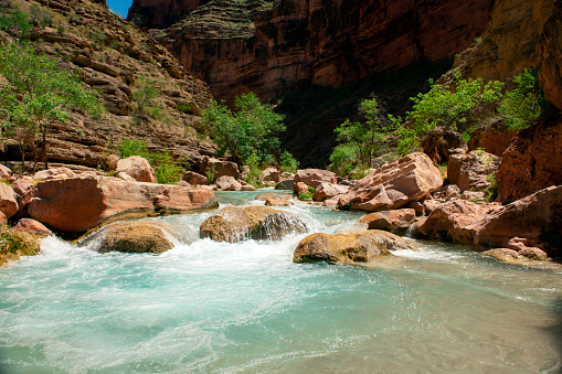 Havasu Creek flowing down through the canyon toward the Colorado River confluence in the Grand Canyon before entering the Havasupai Indian Reservation
