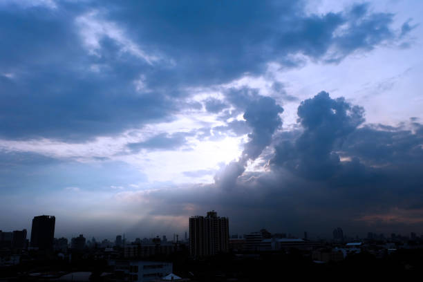 istock Dark stormy sky in the evening abstract background or texture. Beautiful blue clouds with dramatic light. Summer landscape concept. 1181132966