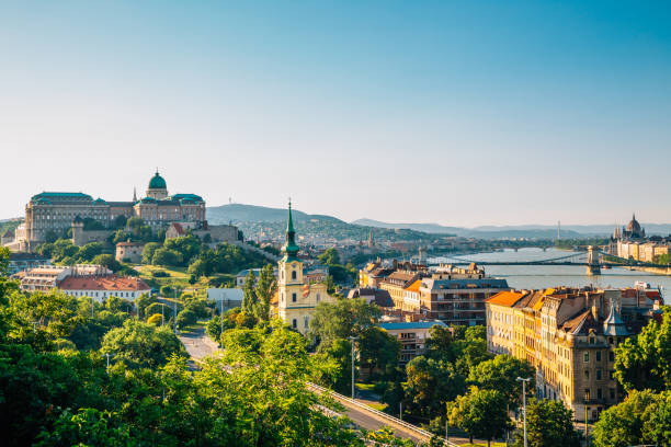 замок буда и цепной мост с рекой дунай в будапеште, венгрия - buda стоковые фото и изображения