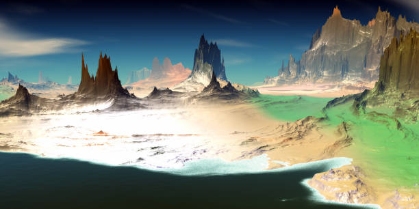 istock Alien Planet. Mountain and lake. 3D rendering 1181134836