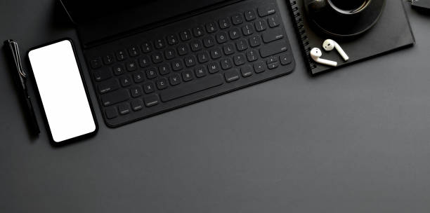 istock Top view of dark luxury workspace with copy space 1181134944