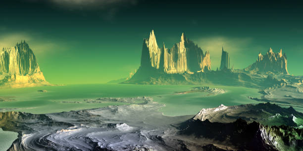 istock Alien Planet. Mountain and lake. 3D rendering 1181135157
