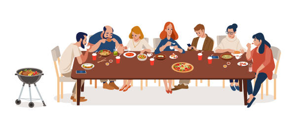 sammlung von niedlichen freunden und verwandten sitzen an tischen und essen verschiedene leckere mahlzeiten. set von männern und frauen versuchen leckeres essen im freien. bunte vektor-illustration in flachen cartoon-stil - dinner party dinner party lunch stock-grafiken, -clipart, -cartoons und -symbole