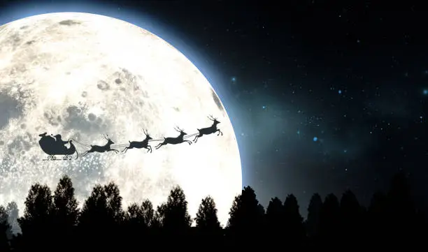 Santas sleigh silhouetted against the backdrop of a full moon and night sky flying above a forest of pine trees - 3D render