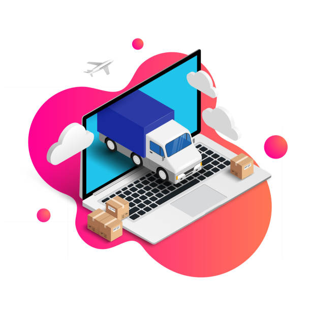 lieferservice isometrischer laptop mit lkw-flüssigkeit - delivery van distribution warehouse vector shipping stock-grafiken, -clipart, -cartoons und -symbole