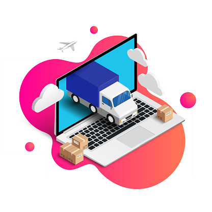 Express Delivery online isometric design with laptop, truck, plane, boxes on fluid gradient background. 3d logistic online shopping advert concept. For web, banner, ui, mobile app. Vector illustration