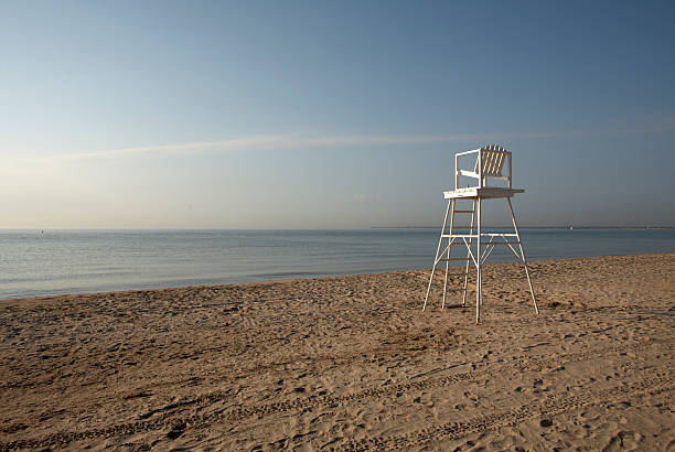 istock Lifeguard chair on empty sand beach 118113692