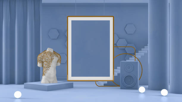 istock 3D Empty Frame with Staircase and Architectural Columns in Blue Room 1181137169