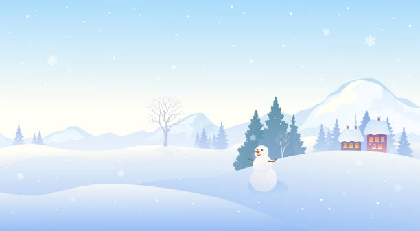 Mountains background with snowman Vector illustration of a winter snow covered landscape with a cute snowman, panoramic mountain background polar climate stock illustrations