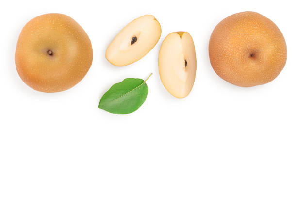 istock Fresh asian pear with leaves isolated on white background with copy space for your text. Top view. 1181139141