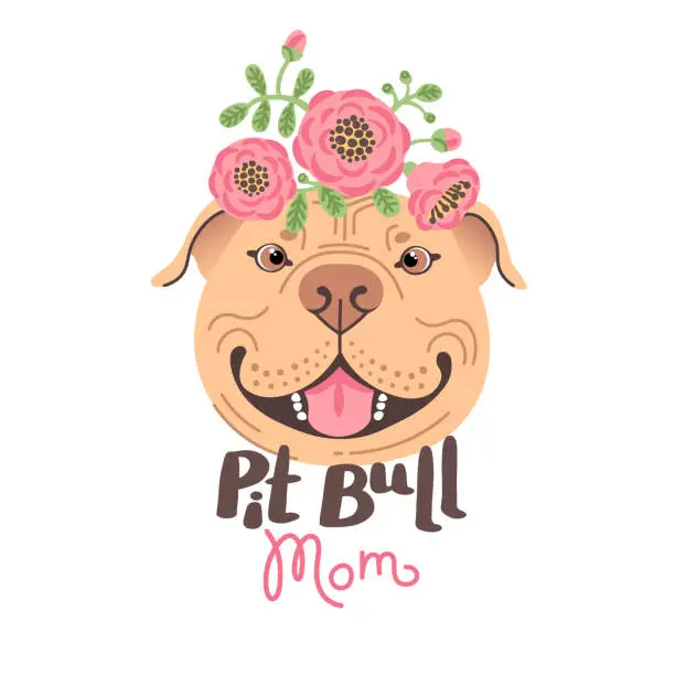 Vector illustration of Pit Bull Mom. Image of happy mother dog. American Staffordshire Pitbull Terrier face. Vector illustration