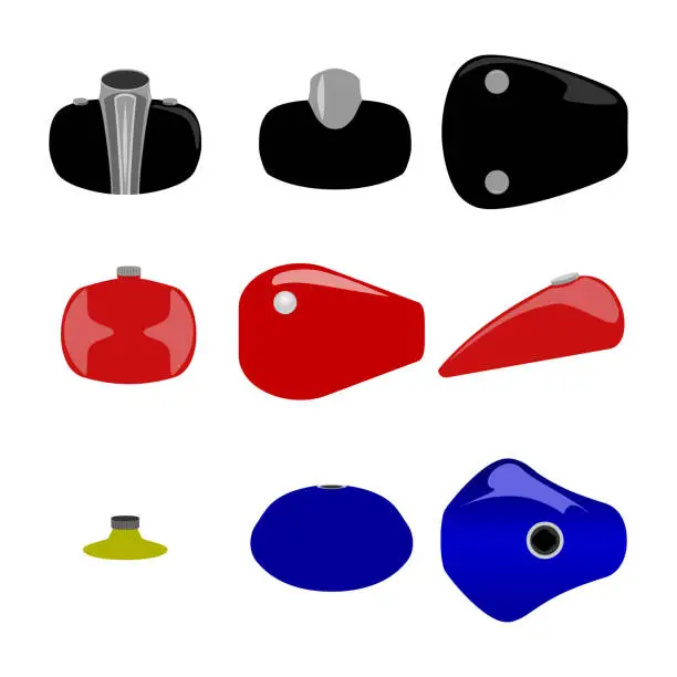 Vector illustration of Different motorcycle fuel tanks front, back, top and side view isolated vector illustration