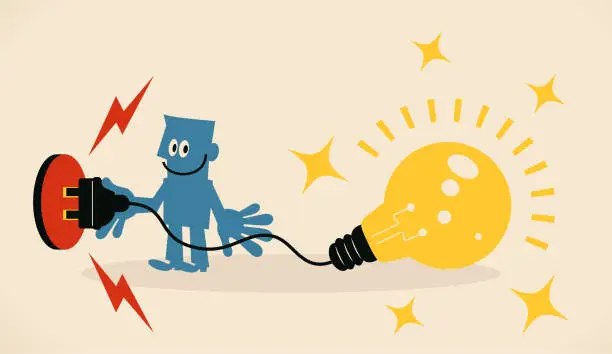 Vector illustration of Blue man plugging an idea light bulb into the electrical outlet