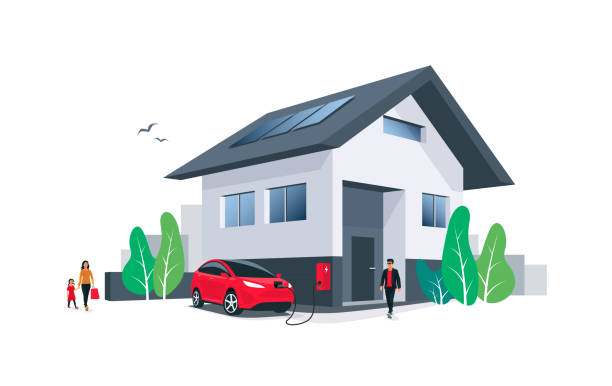 Electric Car Charging at Home House Wall Box with Solar Panels and Family Red electric car parking charging at home wall box charger station on house with a man. Renewable energy solar panels on roof. Family living with ev. Isolated vector illustration on white background. family in car stock illustrations