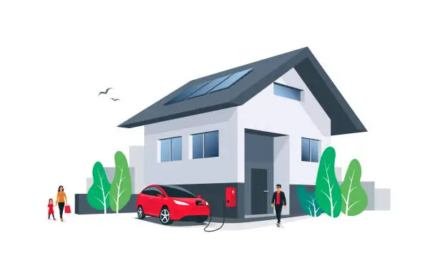Vector illustration of Electric Car Charging at Home House Wall Box with Solar Panels and Family