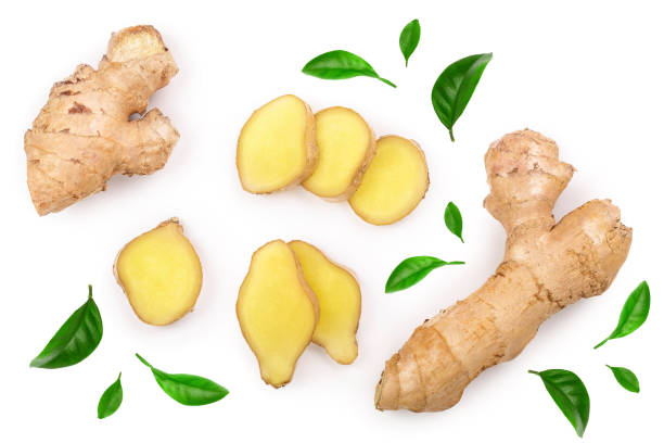 istock fresh Ginger root and slice isolated on white background. Top view. Flat lay 1181149598