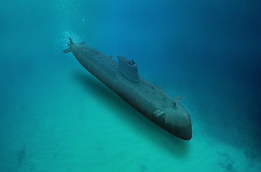 Naval submarine submerge underwater during a mission