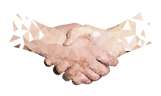 Polygon of Two High Tech Hands Handshaking, White Background.