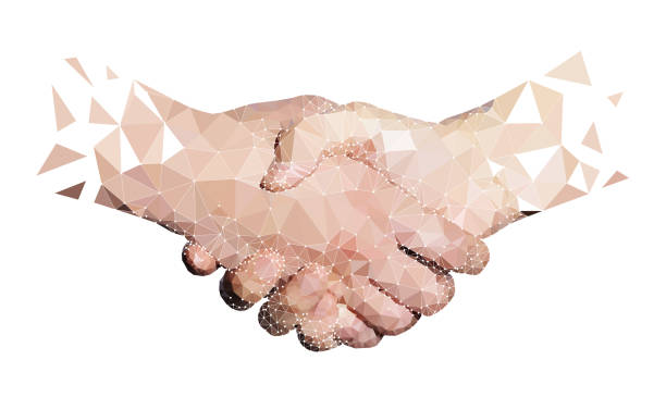 Polygon of Two High Tech Hands Handshaking Polygon of Two High Tech Hands Handshaking, White Background. low poly modelling illustrations stock illustrations