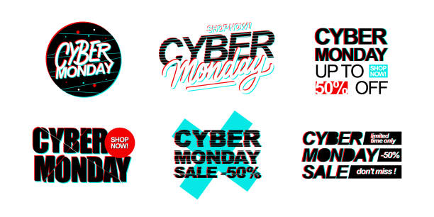 cyber monday wyprzedaż zestaw promocyjny z ręcznym napisem do biznesu internetowego, handlu internetowego, zakupów ze zniżkami i reklamą. - cyber monday stock illustrations