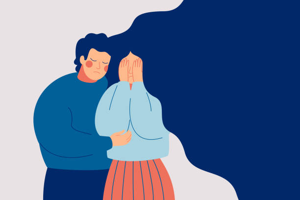 Depressed woman covering face with hands and her husband consoling and care about her Young man comforting her crying best friend. Depressed woman covering face with hands and her husband consoling and care about her. Help and support concept. Hand drawn style vector illustration husband stock illustrations