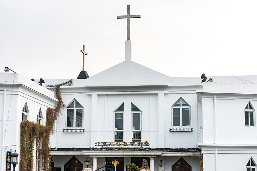 Temwaiku, Bonriki motu, South Tarawa Atoll, Kiribati: Church of Jesus Christ of Latter-Day Saints temple (Mormon) with its spire - the LDS church has a large presence in the Pacific, in Kiribati about 17% of the population practice the Mormon faith.