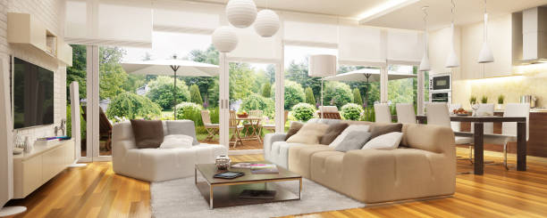 istock Modern kitchen and living room with access to the terrace 1181154902