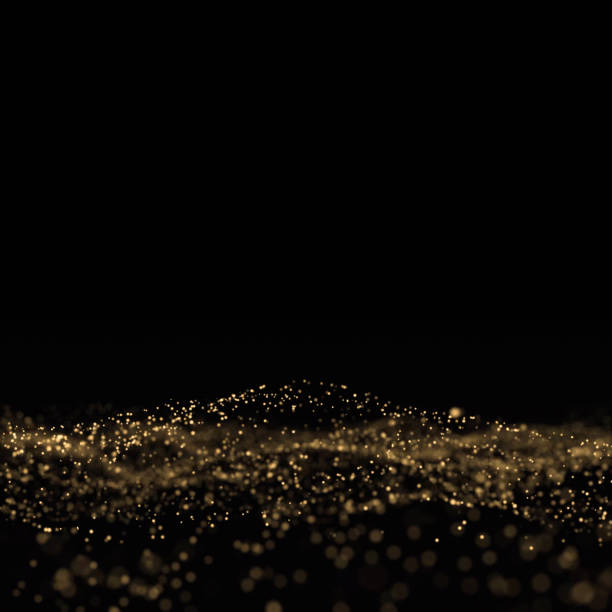 istock Gold glitter, light particles wave on black background. Shining gold sparks bokeh effect, shimmering sparkles glow, magic bright glitter dust wave in motion 1181160222