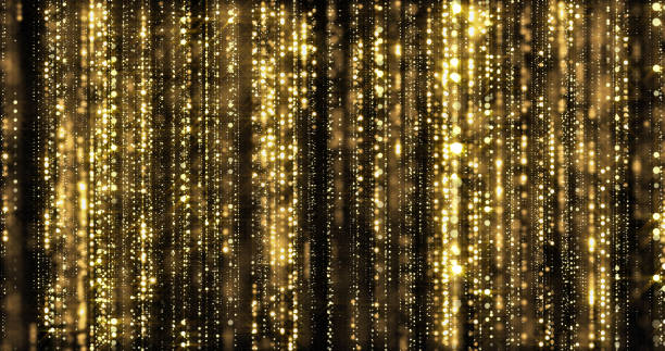 istock Golden glitter rain, gold particles threads curtain on black background. Luxury gold glitter light with bokeh sparks shimmer 1181160266