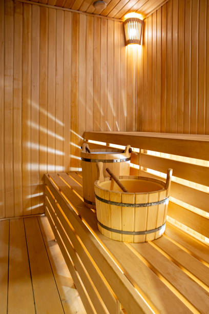 istock Sauna interior with beautiful rays of lights 1181160581