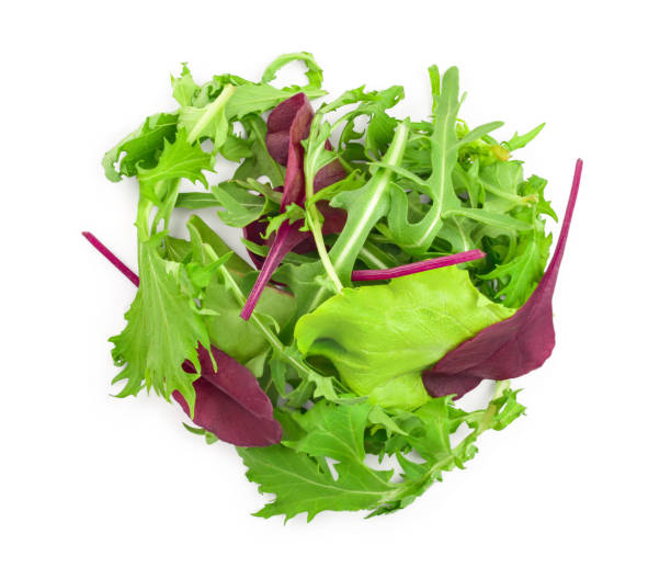 istock Mix of different salads isolated on white background. Top view. Flat lay 1181161143