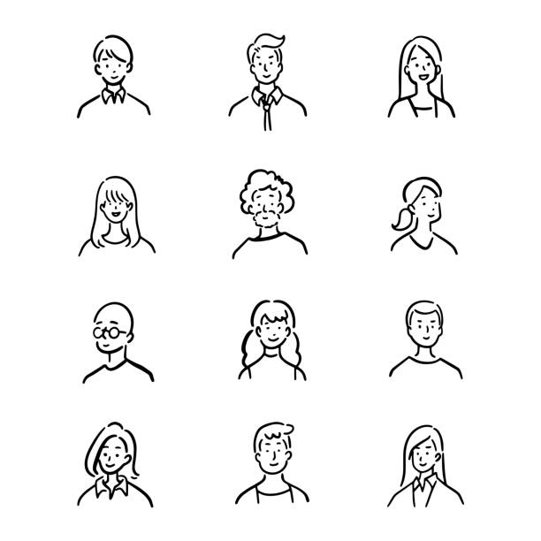 doodle satz von avatar büroangestellte, fröhliche menschen, handgezeichnete symbol stil, charakter-design, vektor-illustration. - charakterkopf stock-grafiken, -clipart, -cartoons und -symbole