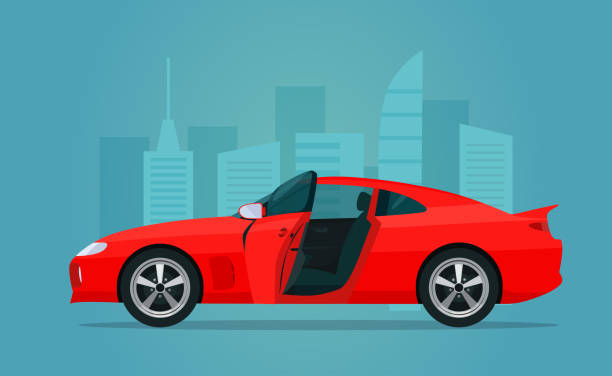 ilustrações de stock, clip art, desenhos animados e ícones de sport car with an open door on a background of abstract cityscape. vector flat style illustration. - vehicle door illustrations