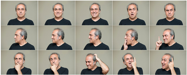 man making nine different facial expressions. High resolution image. All the pictures developed from Raw.